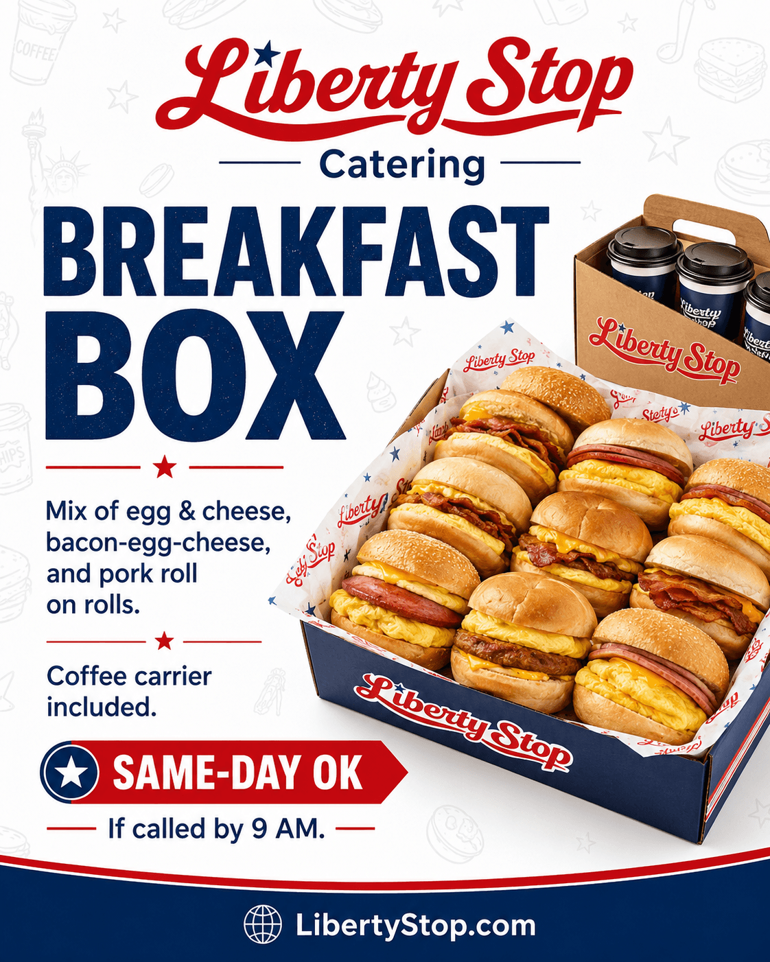 LibertyStop Breakfast Box with mixed breakfast sandwiches and coffee