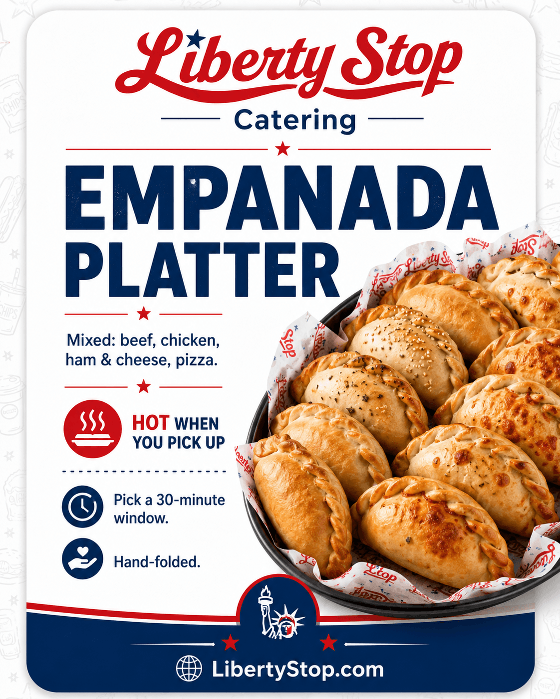 LibertyStop Empanada Platter with 24 hand-folded mixed empanadas