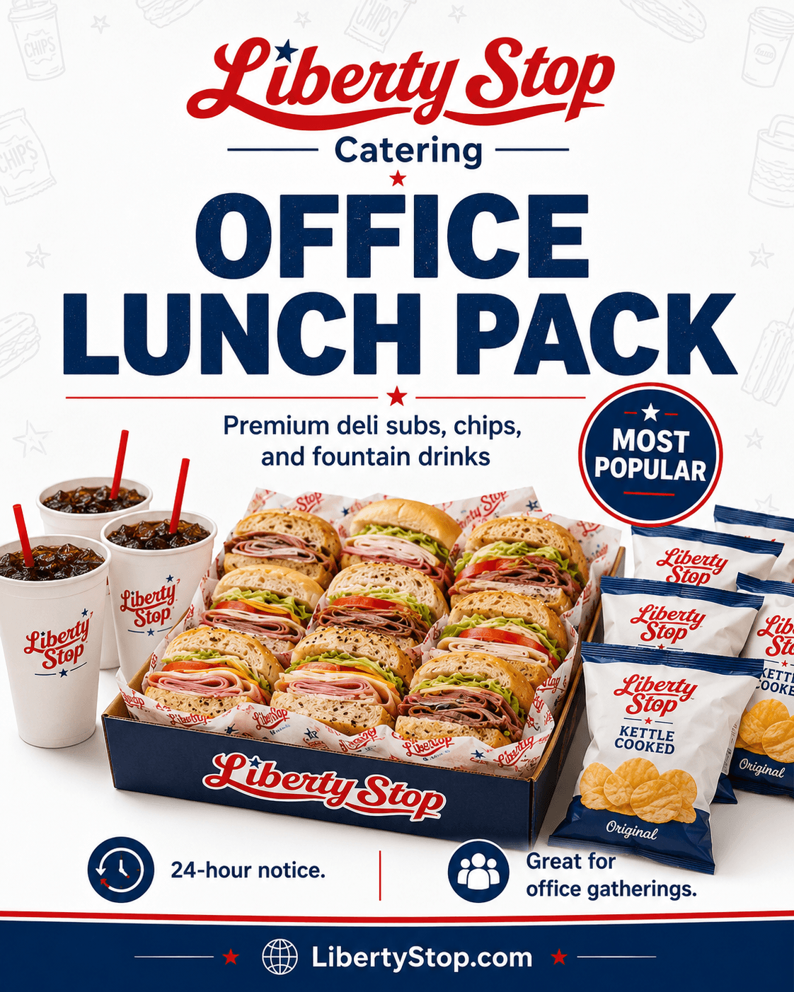 LibertyStop Office Lunch Pack with 6 subs, chips, and drinks