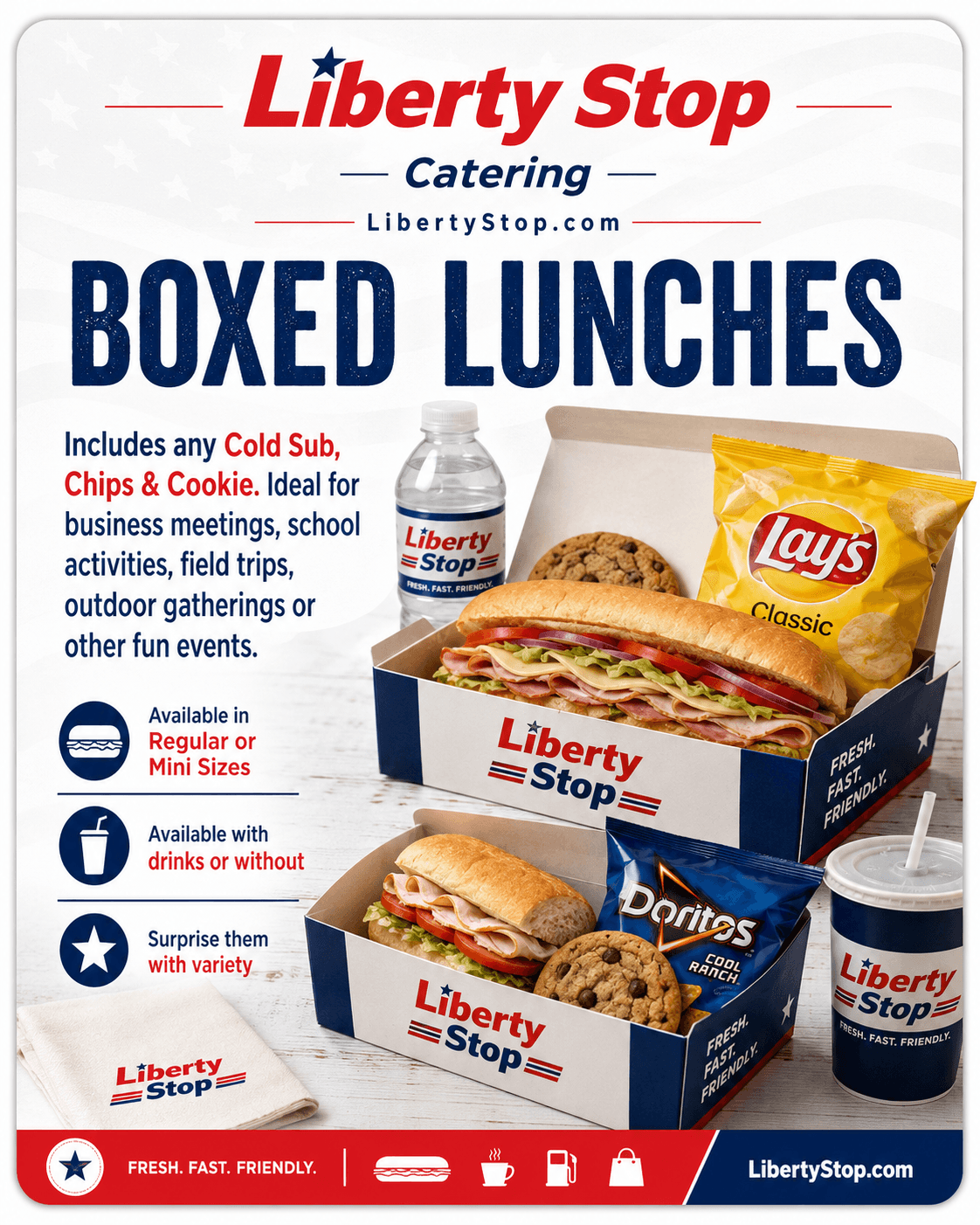 LibertyStop branded boxed lunches with sub, chips, cookie